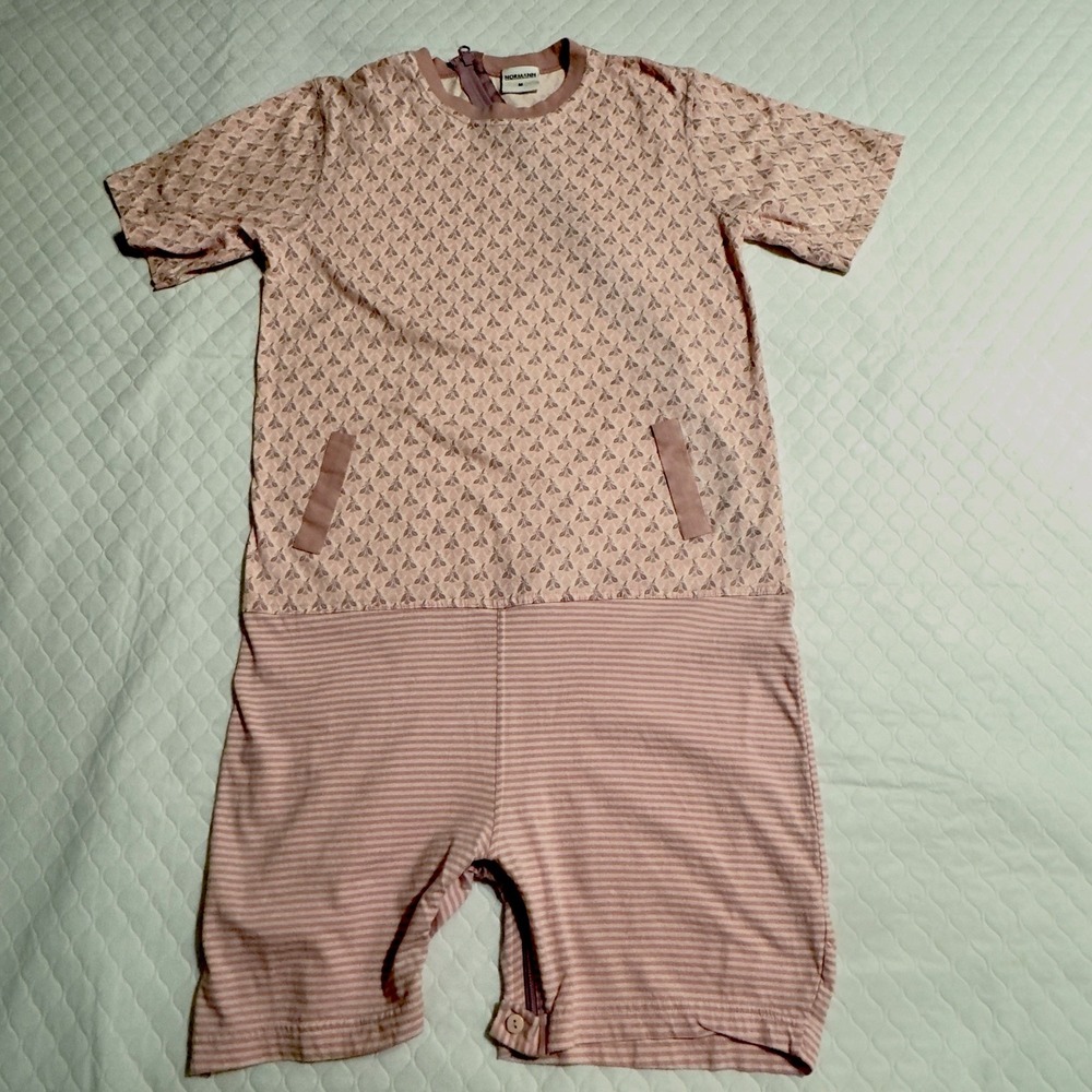 Normann Sz M OnePiece Pajamas Romper Overall Back Zip Pink Shorts Sleeves Cotton